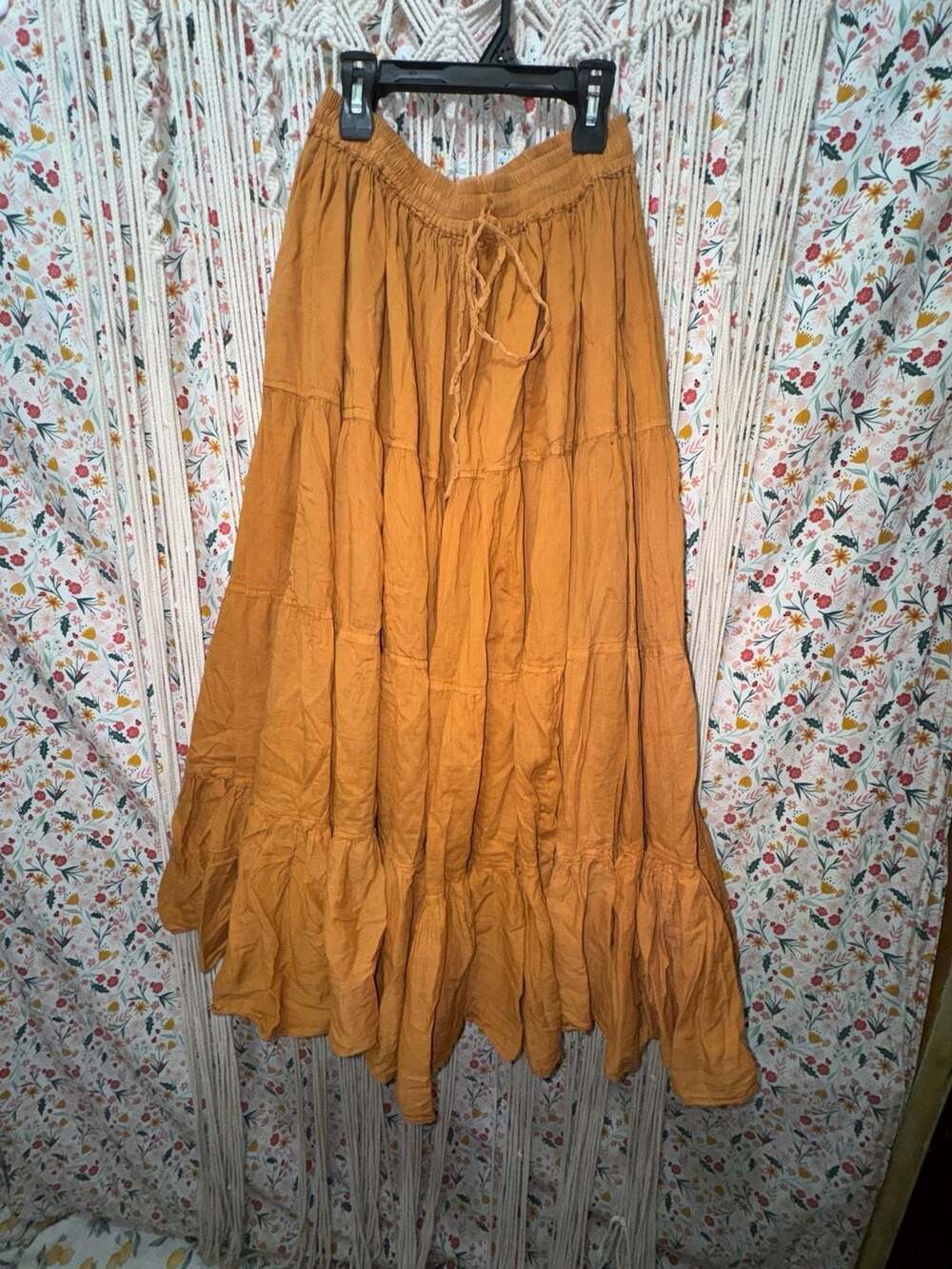EVEZ Boho Maxi Skirt One Size Orange Tiered Broomstick Full Sweep Cotton India
